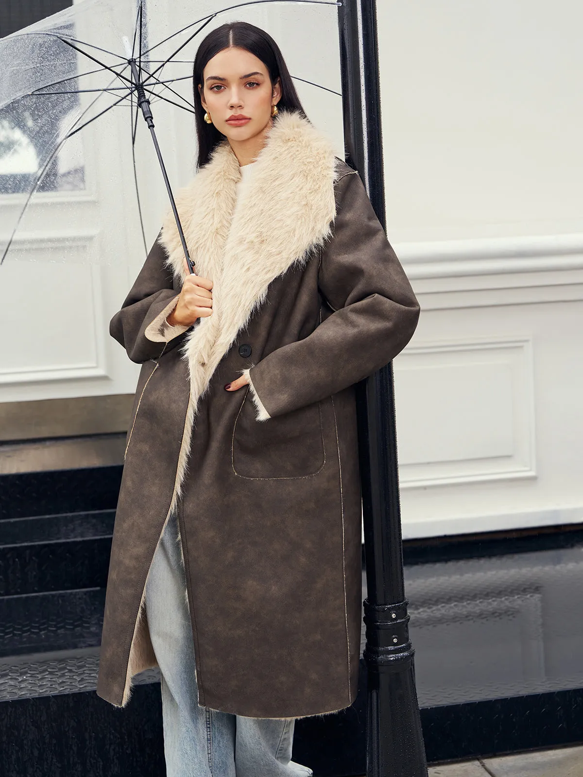 Fuzzy Lined Faux Leather Winter Coat