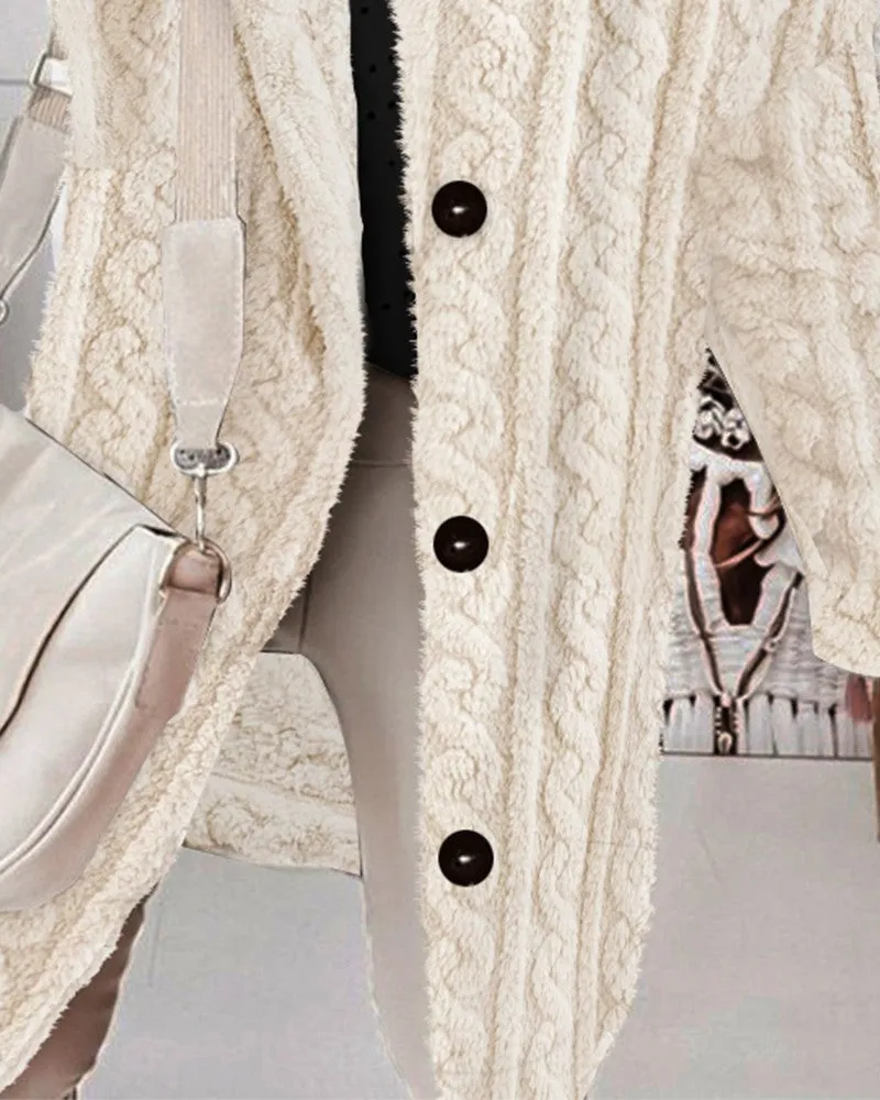 Fuzzy Textured Buttoned Fleece Hooded Coat