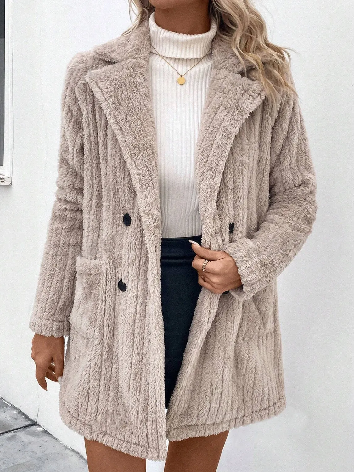 Gigi Fuzzy Button Up Long Sleeve Coat with Pockets