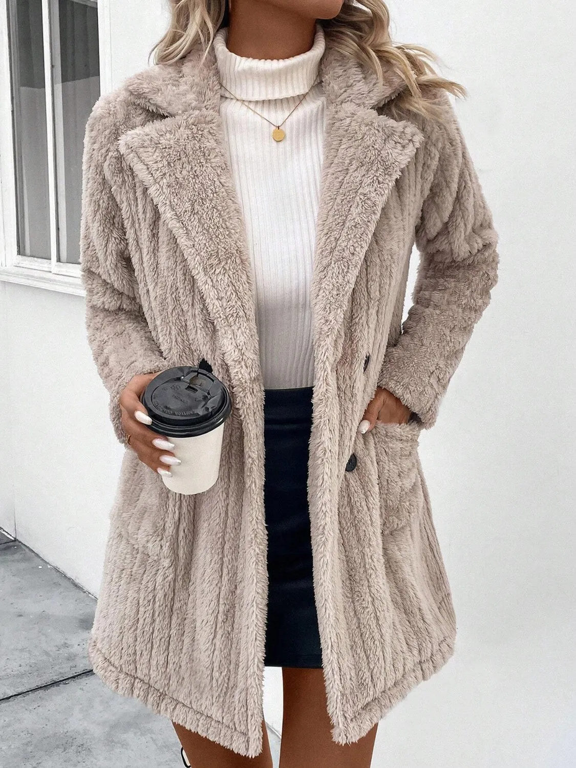Gigi Fuzzy Button Up Long Sleeve Coat with Pockets