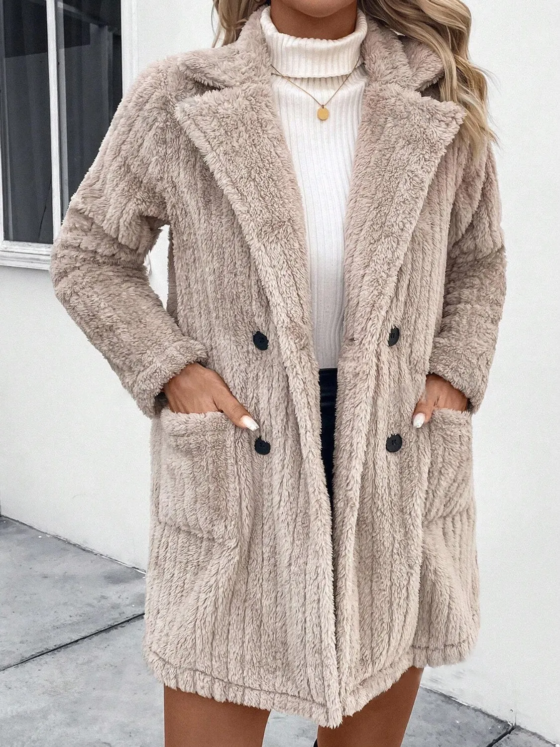 Gigi Fuzzy Button Up Long Sleeve Coat with Pockets