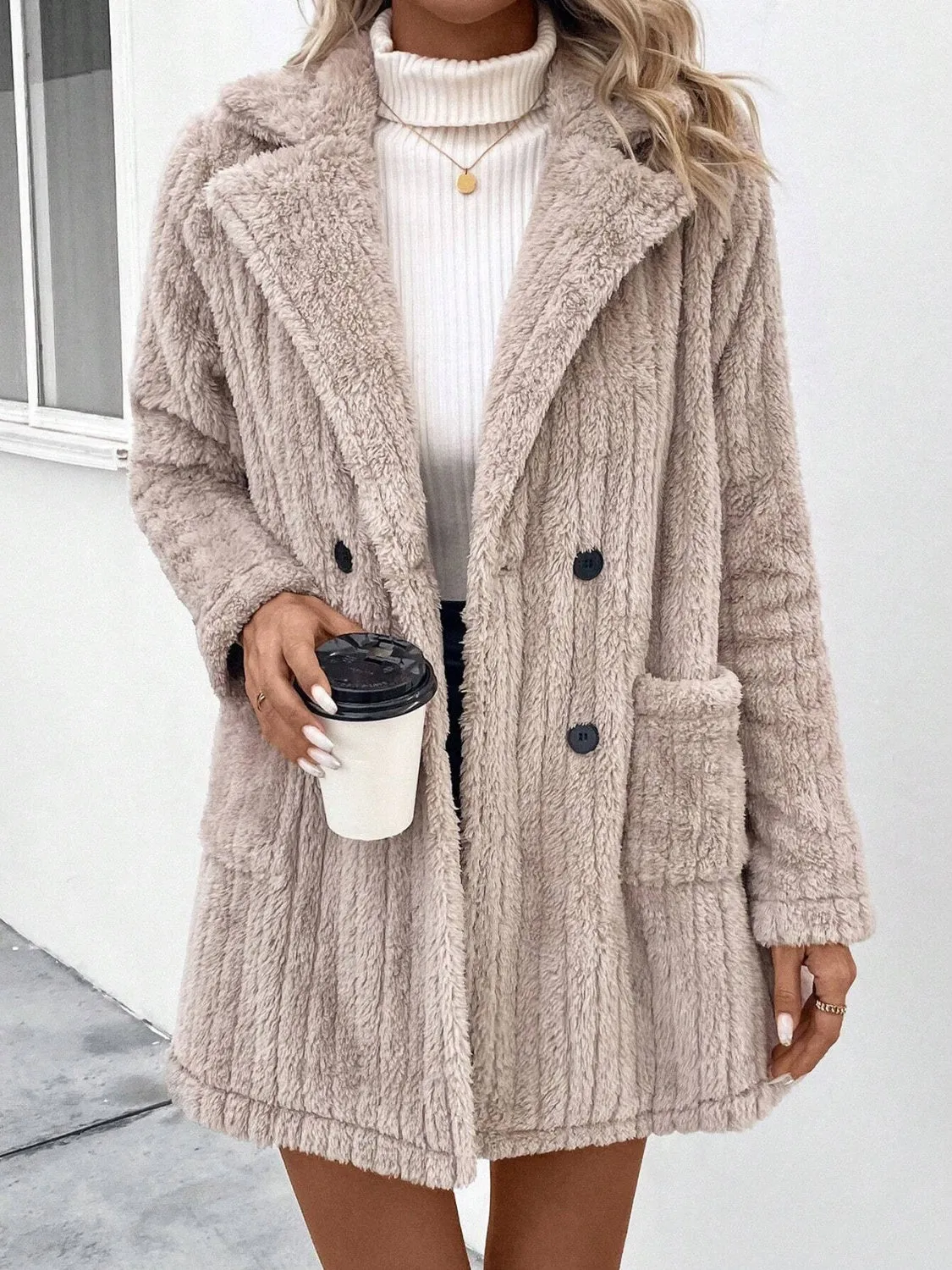 Gigi Fuzzy Button Up Long Sleeve Coat with Pockets