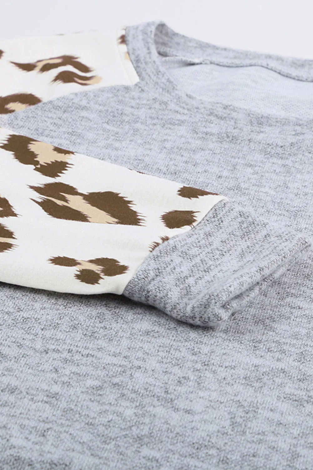 Gray Round Neck Leopard Long Sleeve Top