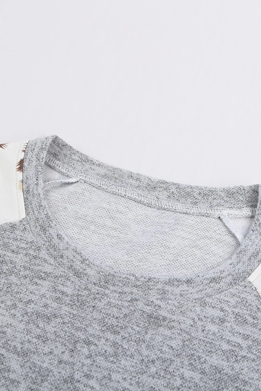 Gray Round Neck Leopard Long Sleeve Top
