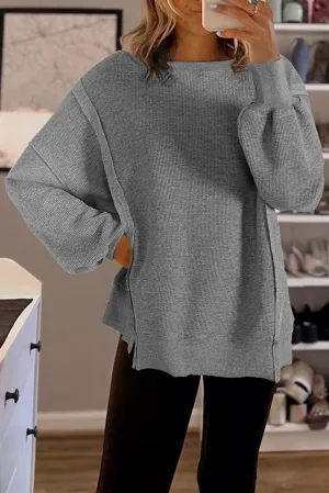 Gray Waffle knit Bishop Sleeve Split Oversized Top
