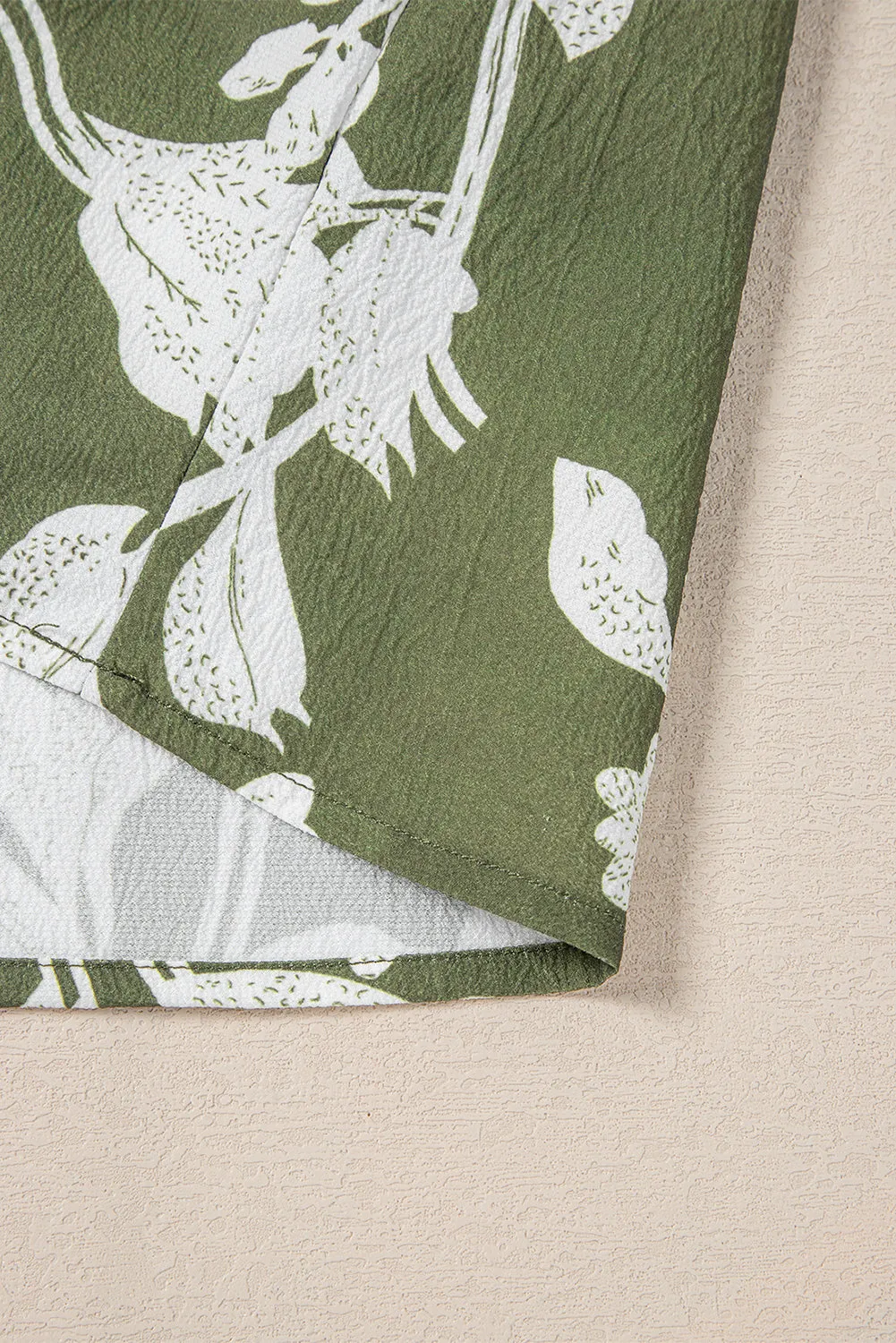Green Floral Print Split Neck Short Sleeve Blouse