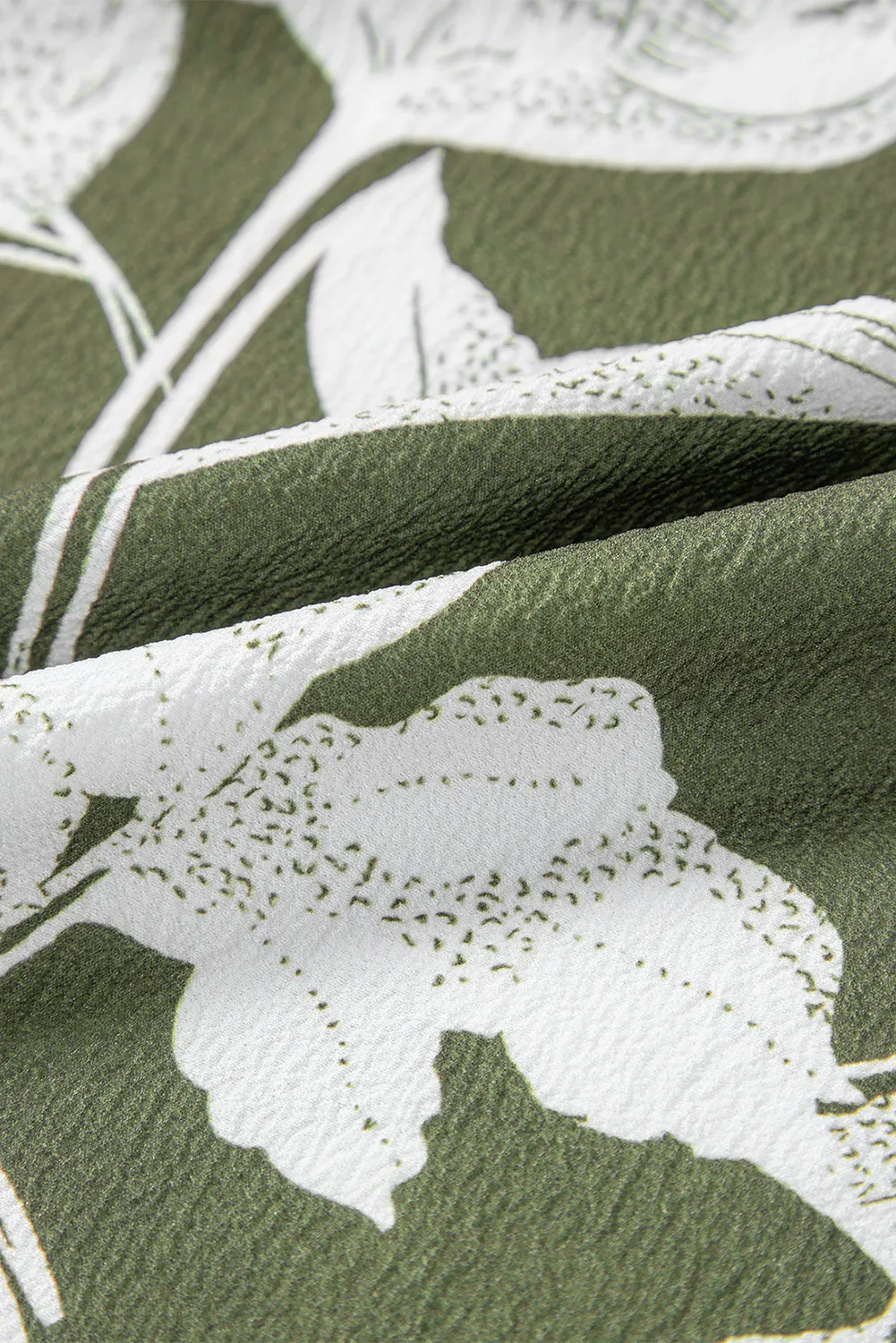 Green Floral Print Split Neck Short Sleeve Blouse