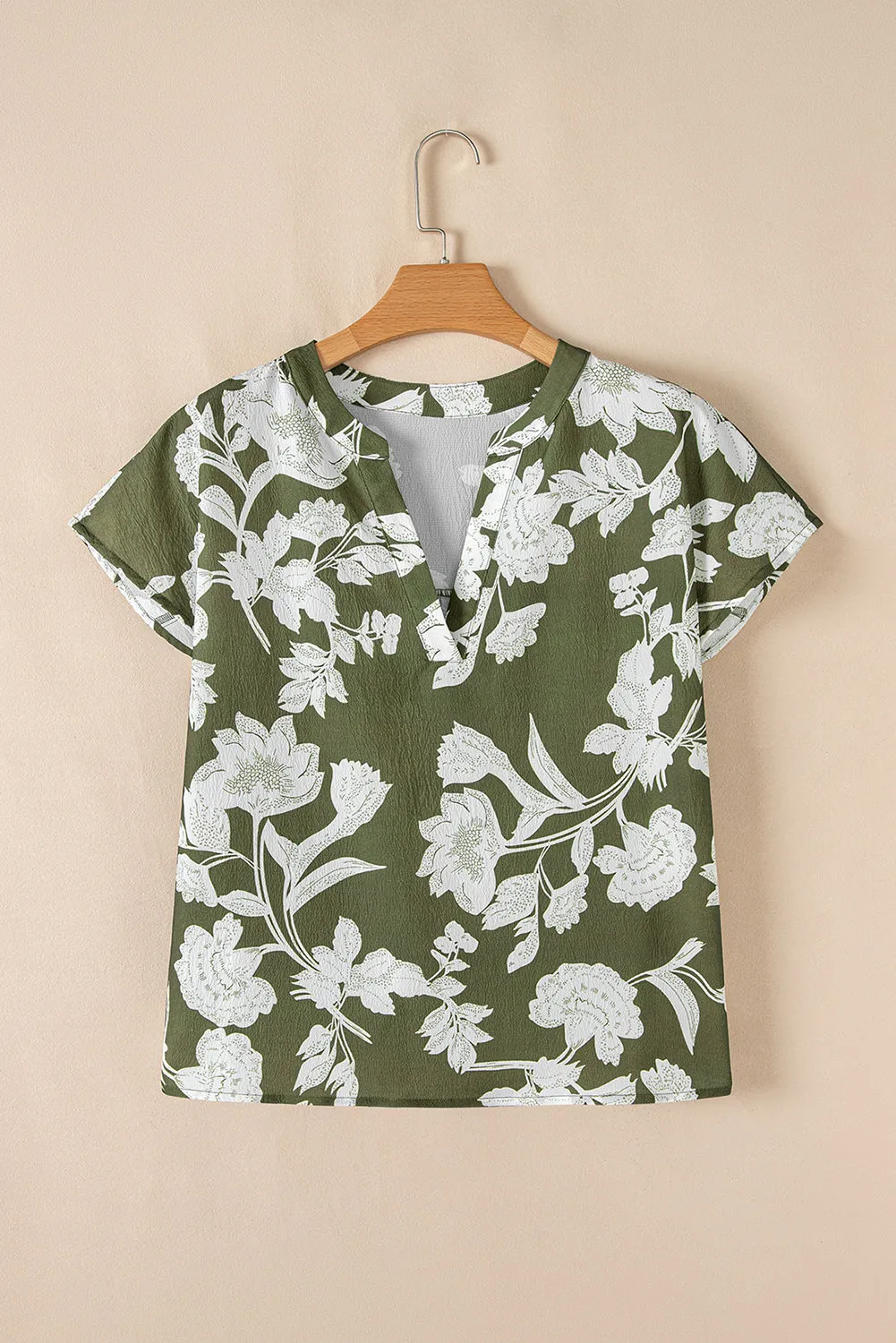 Green Floral Print Split Neck Short Sleeve Blouse