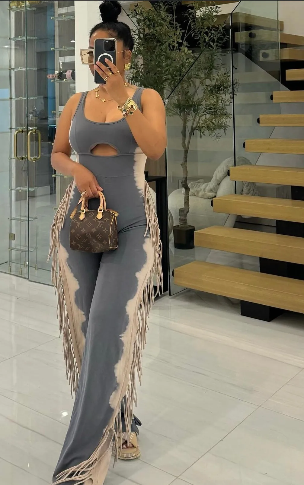 Grey and Tan Fringe Jumpsuit