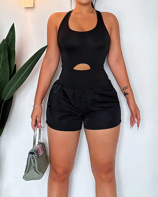 Halterneck Cutout Crossover Vest Woven Shorts Jumpsuit
