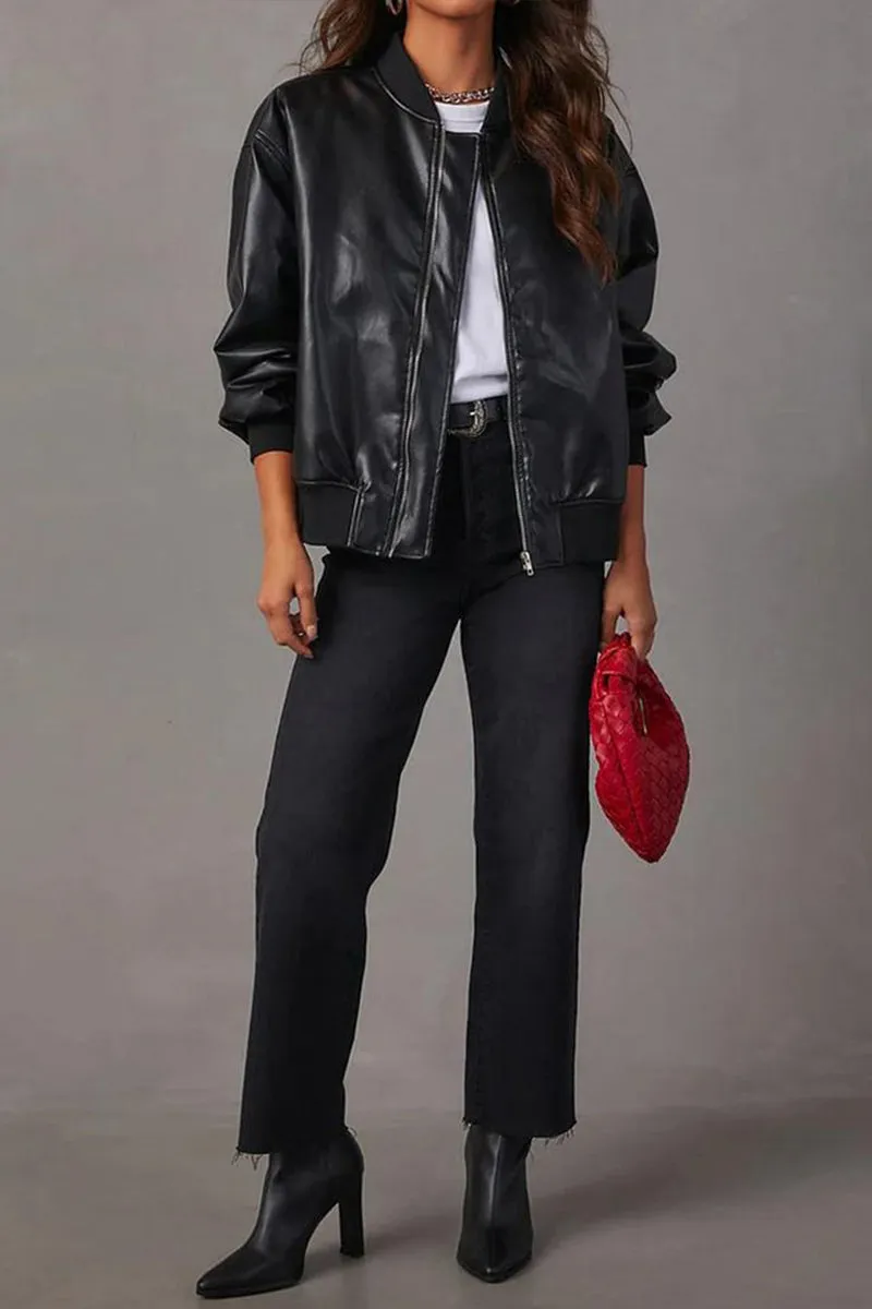 HCS1354 Chic Faux Leather Bomber Jacket Outerwear