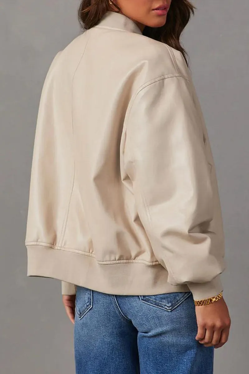 HCS1354 Chic Faux Leather Bomber Jacket Outerwear