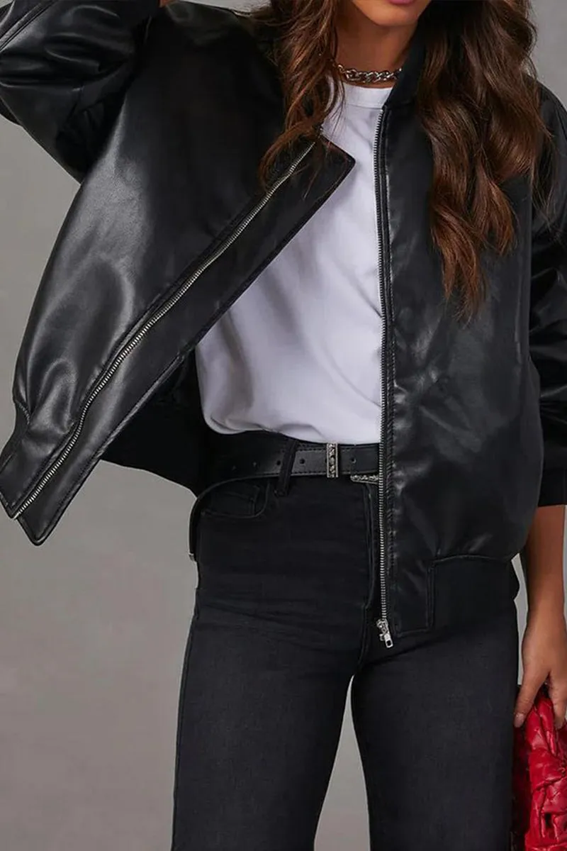 HCS1354 Chic Faux Leather Bomber Jacket Outerwear