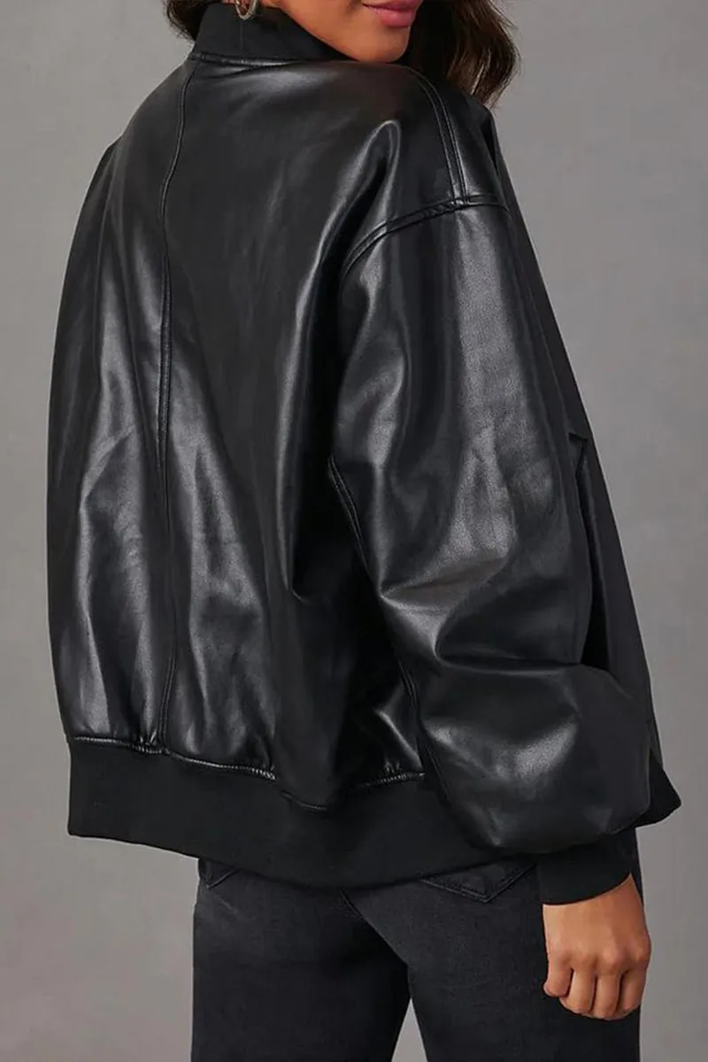 HCS1354 Chic Faux Leather Bomber Jacket Outerwear
