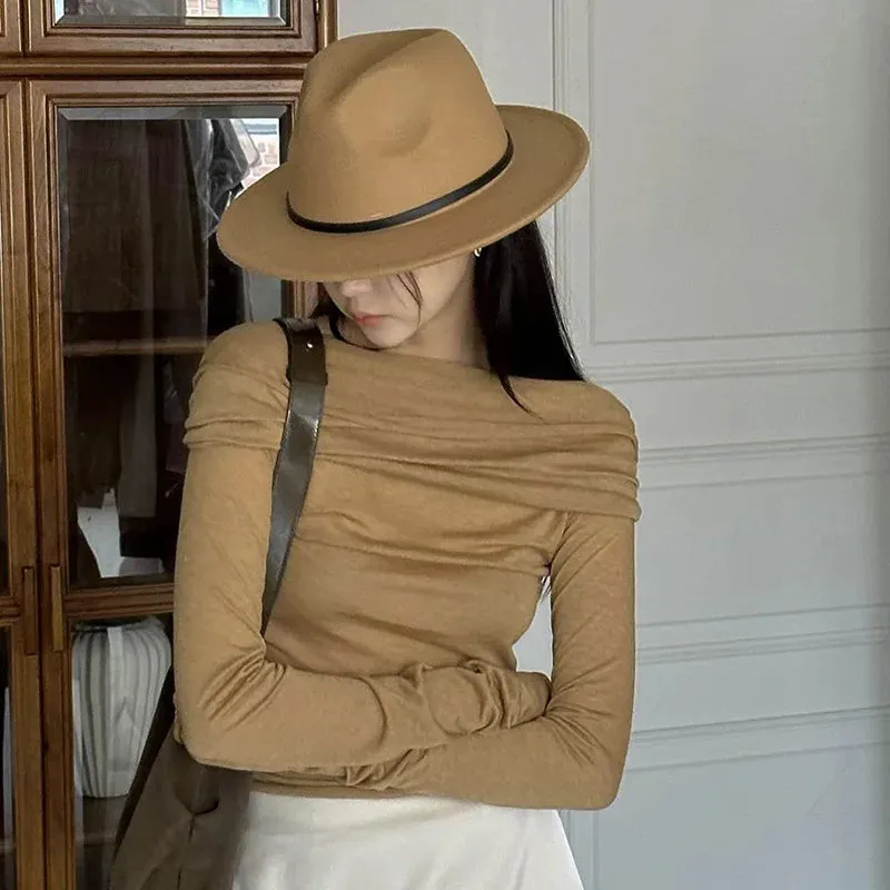 JazzHer Chic Women Y2K Vintage Backless Slim Fit Crop Tops Korean Fashion Off Shoulder T-shirt Autumn Long Sleeve Tees Elegant Clothes