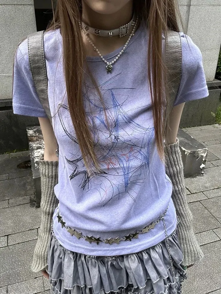 JazzHer Y2K Harajuku Print T Shirts Women American Vintage Streetwear Tops Summer Graphic Slim 2000S Chic O Neck Long Sleeve Tees