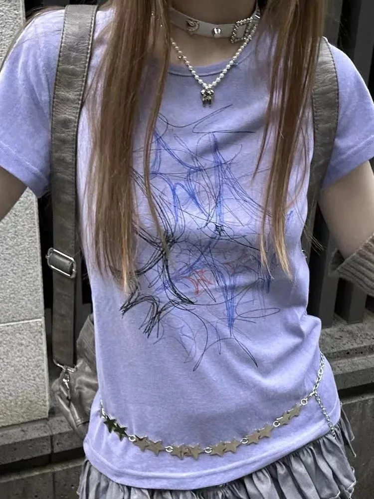 JazzHer Y2K Harajuku Print T Shirts Women American Vintage Streetwear Tops Summer Graphic Slim 2000S Chic O Neck Long Sleeve Tees