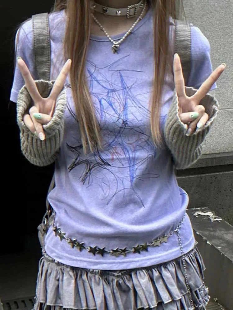 JazzHer Y2K Harajuku Print T Shirts Women American Vintage Streetwear Tops Summer Graphic Slim 2000S Chic O Neck Long Sleeve Tees