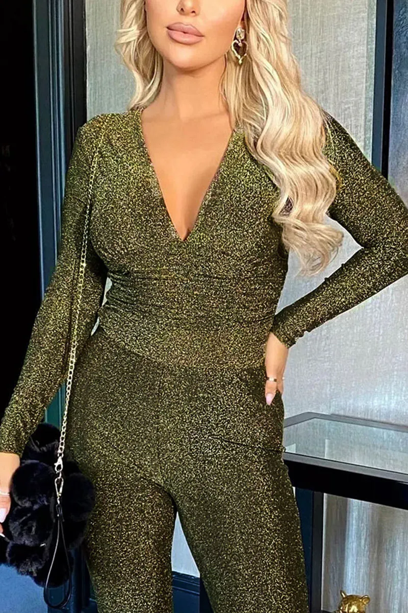 JG0197 Glitter V neck Jumpsuits