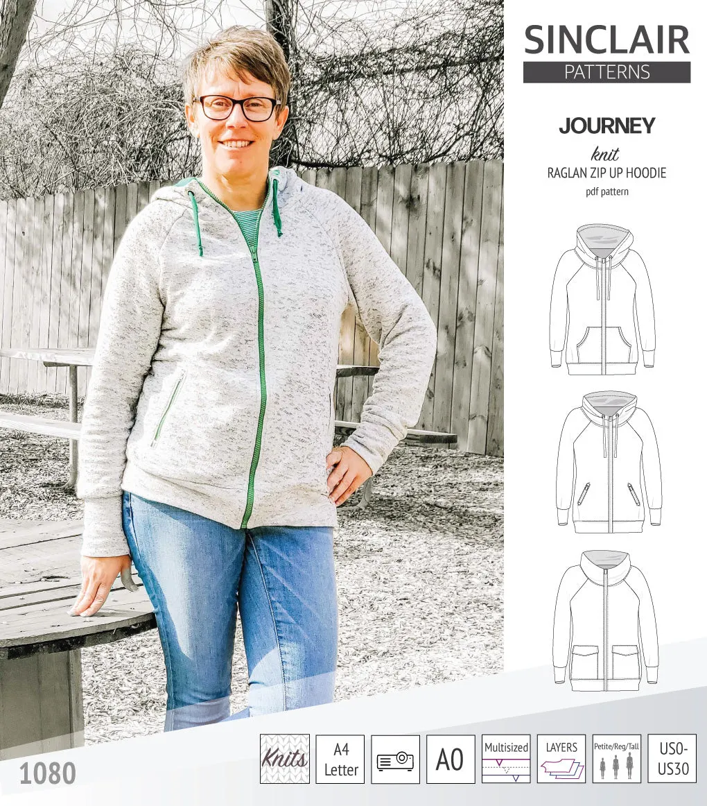 Journey zip up knit raglan hoodie with different pocket styles (PDF)
