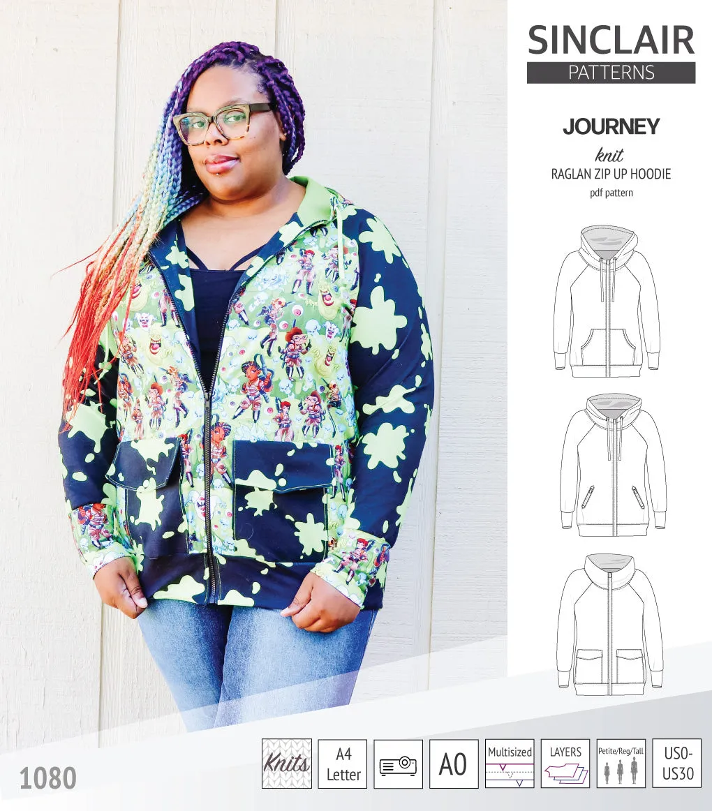 Journey zip up knit raglan hoodie with different pocket styles (PDF)