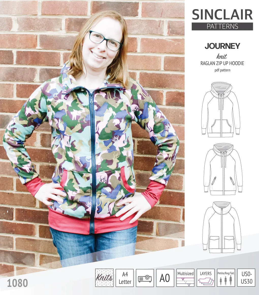 Journey zip up knit raglan hoodie with different pocket styles (PDF)