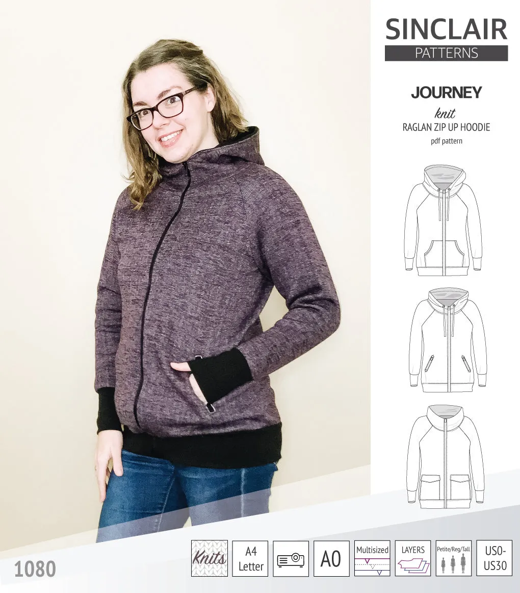 Journey zip up knit raglan hoodie with different pocket styles (PDF)