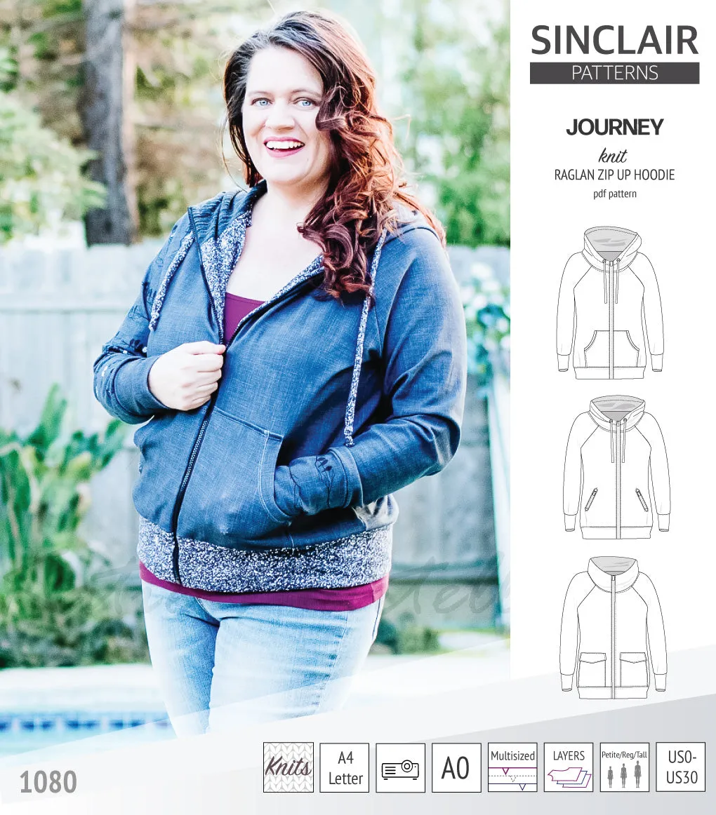 Journey zip up knit raglan hoodie with different pocket styles (PDF)