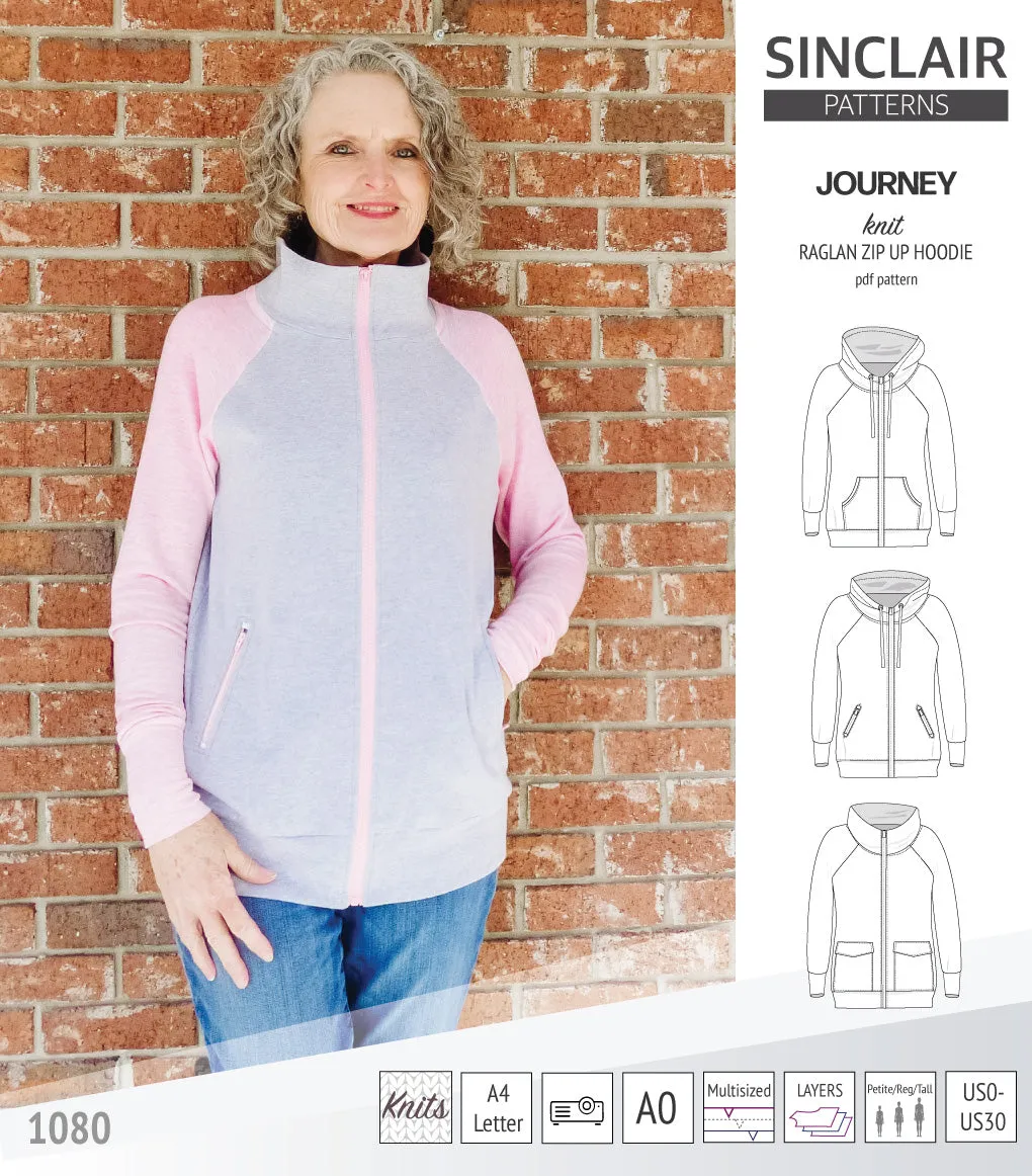 Journey zip up knit raglan hoodie with different pocket styles (PDF)