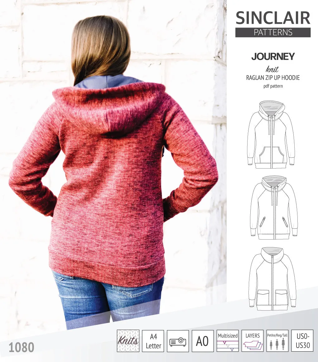 Journey zip up knit raglan hoodie with different pocket styles (PDF)