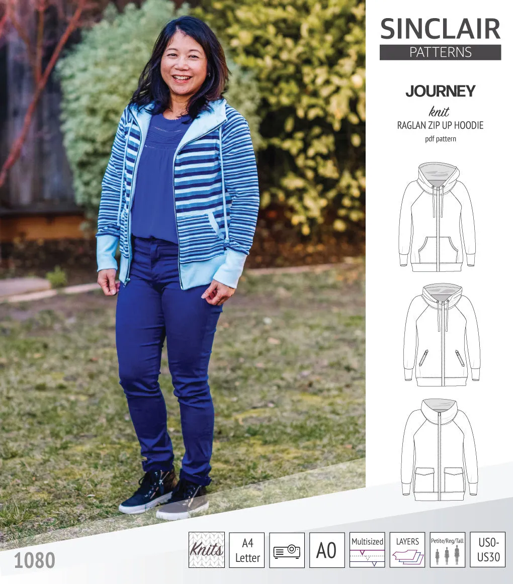 Journey zip up knit raglan hoodie with different pocket styles (PDF)