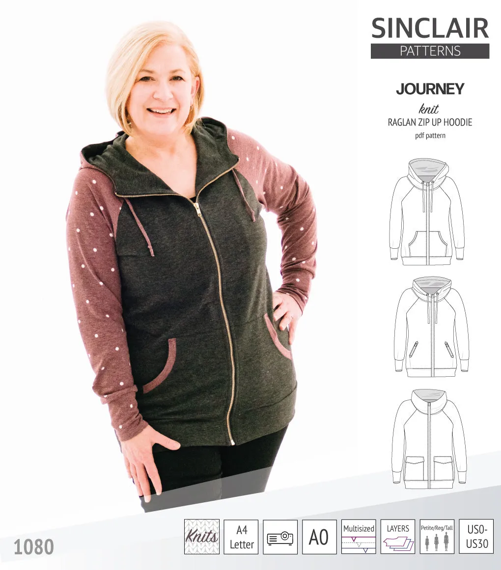 Journey zip up knit raglan hoodie with different pocket styles (PDF)