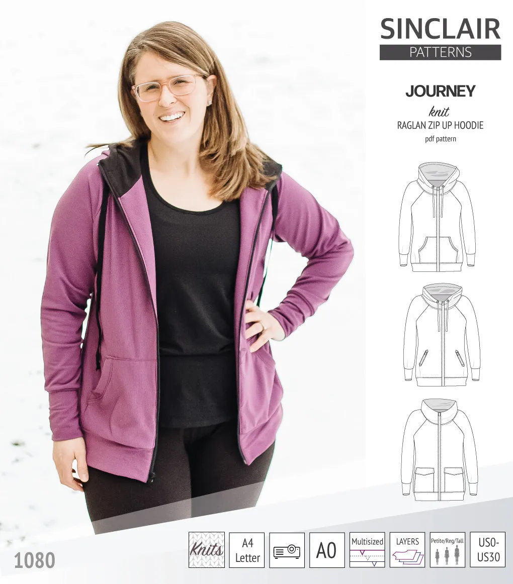 Journey zip up knit raglan hoodie with different pocket styles (PDF)