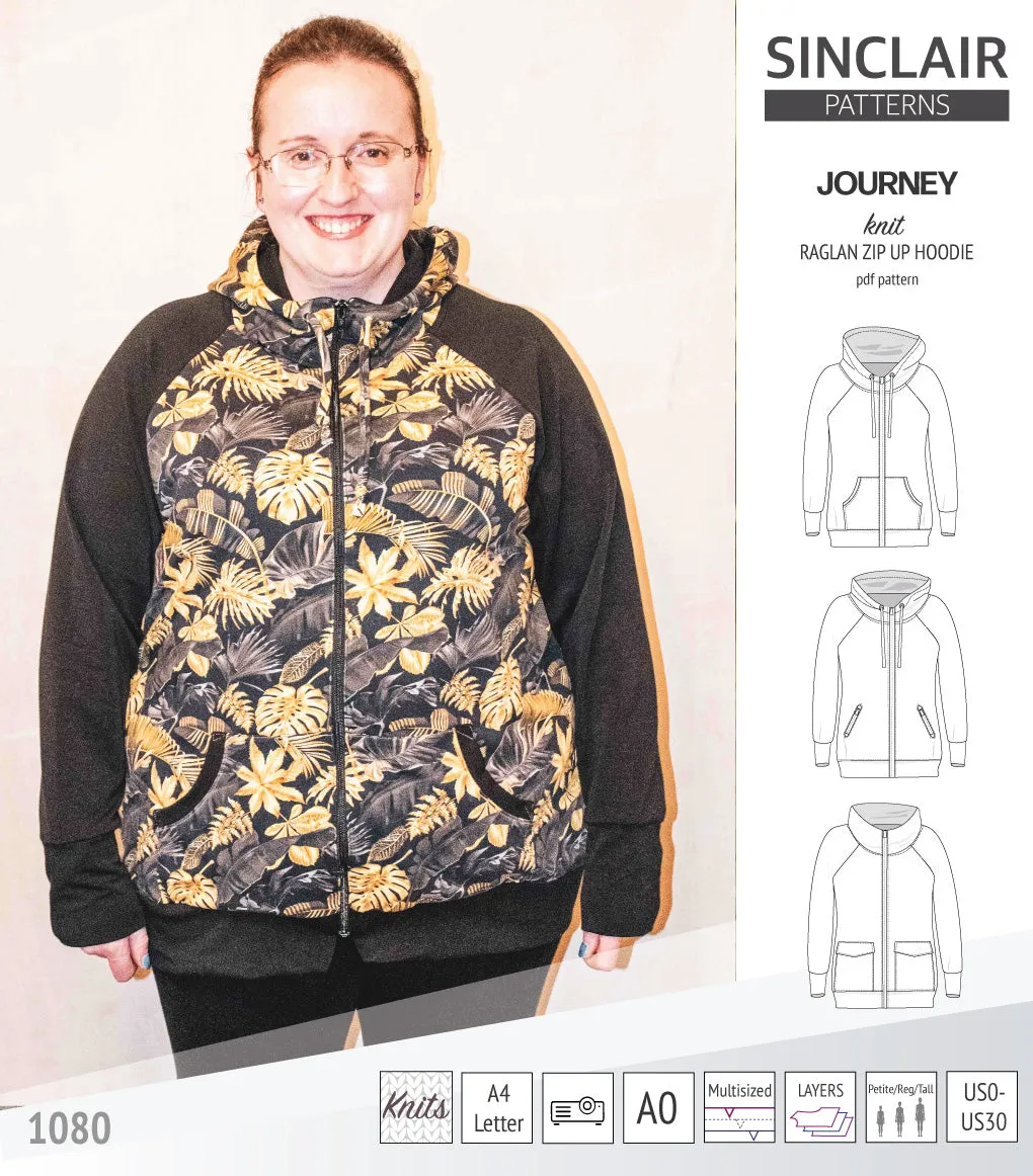 Journey zip up knit raglan hoodie with different pocket styles (PDF)