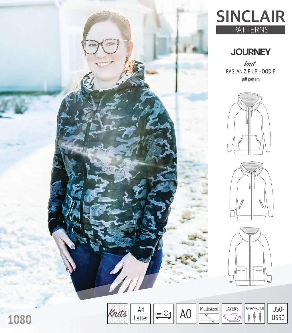 Journey zip up knit raglan hoodie with different pocket styles (PDF)