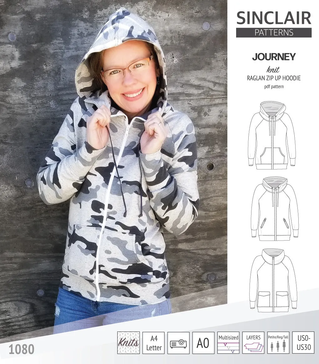 Journey zip up knit raglan hoodie with different pocket styles (PDF)