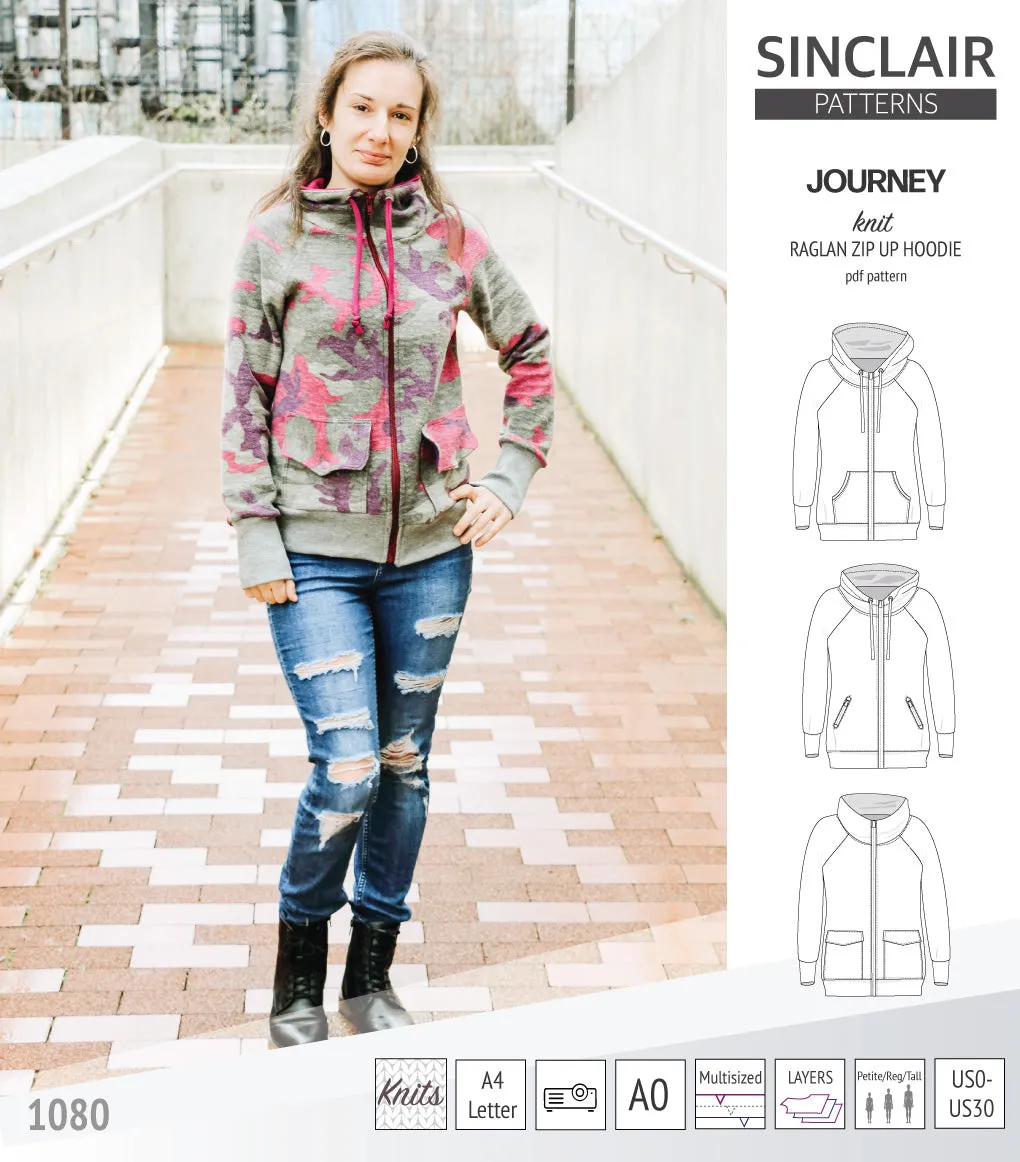 Journey zip up knit raglan hoodie with different pocket styles (PDF)