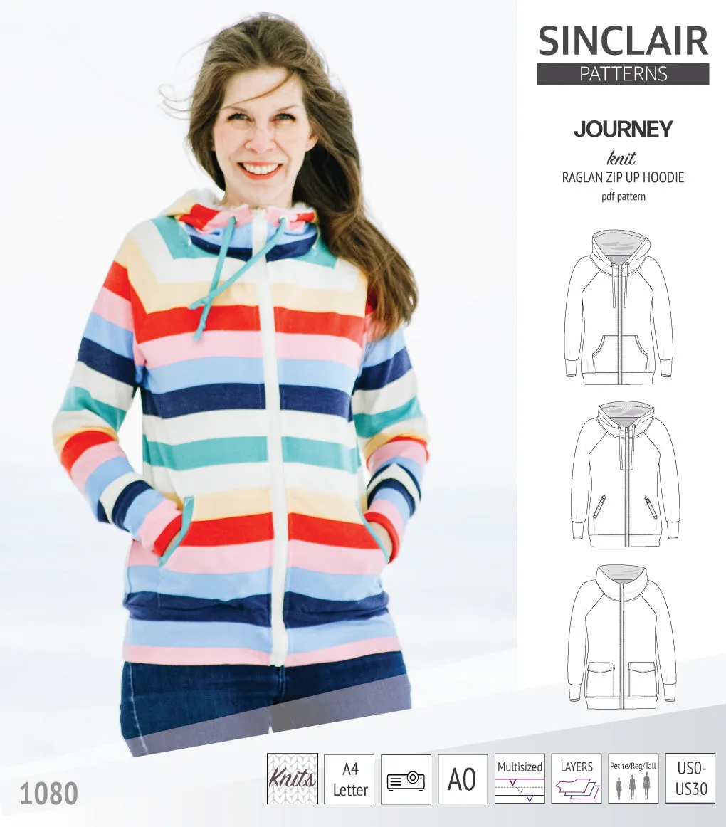 Journey zip up knit raglan hoodie with different pocket styles (PDF)
