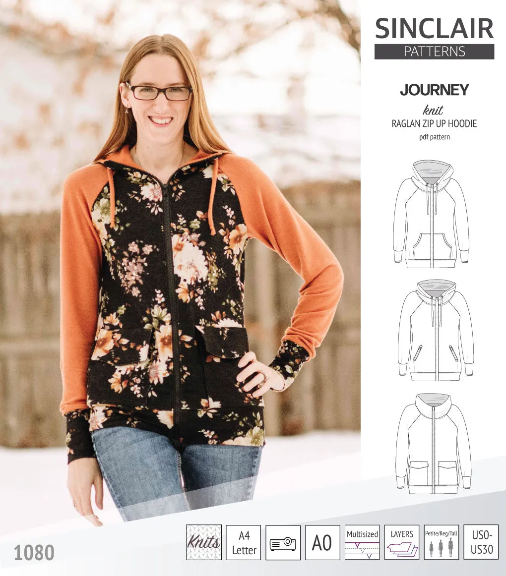Journey zip up knit raglan hoodie with different pocket styles (PDF)