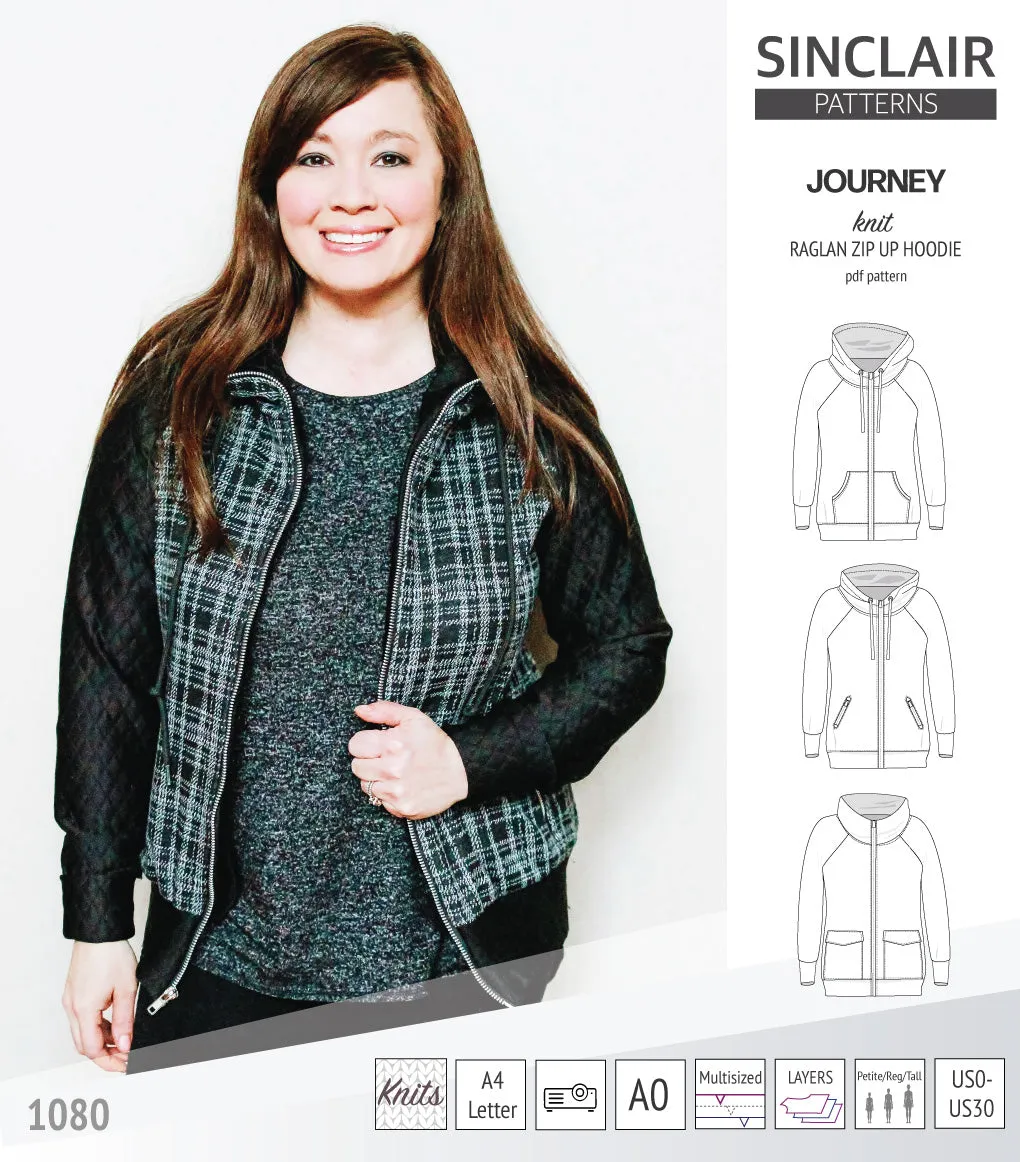 Journey zip up knit raglan hoodie with different pocket styles (PDF)