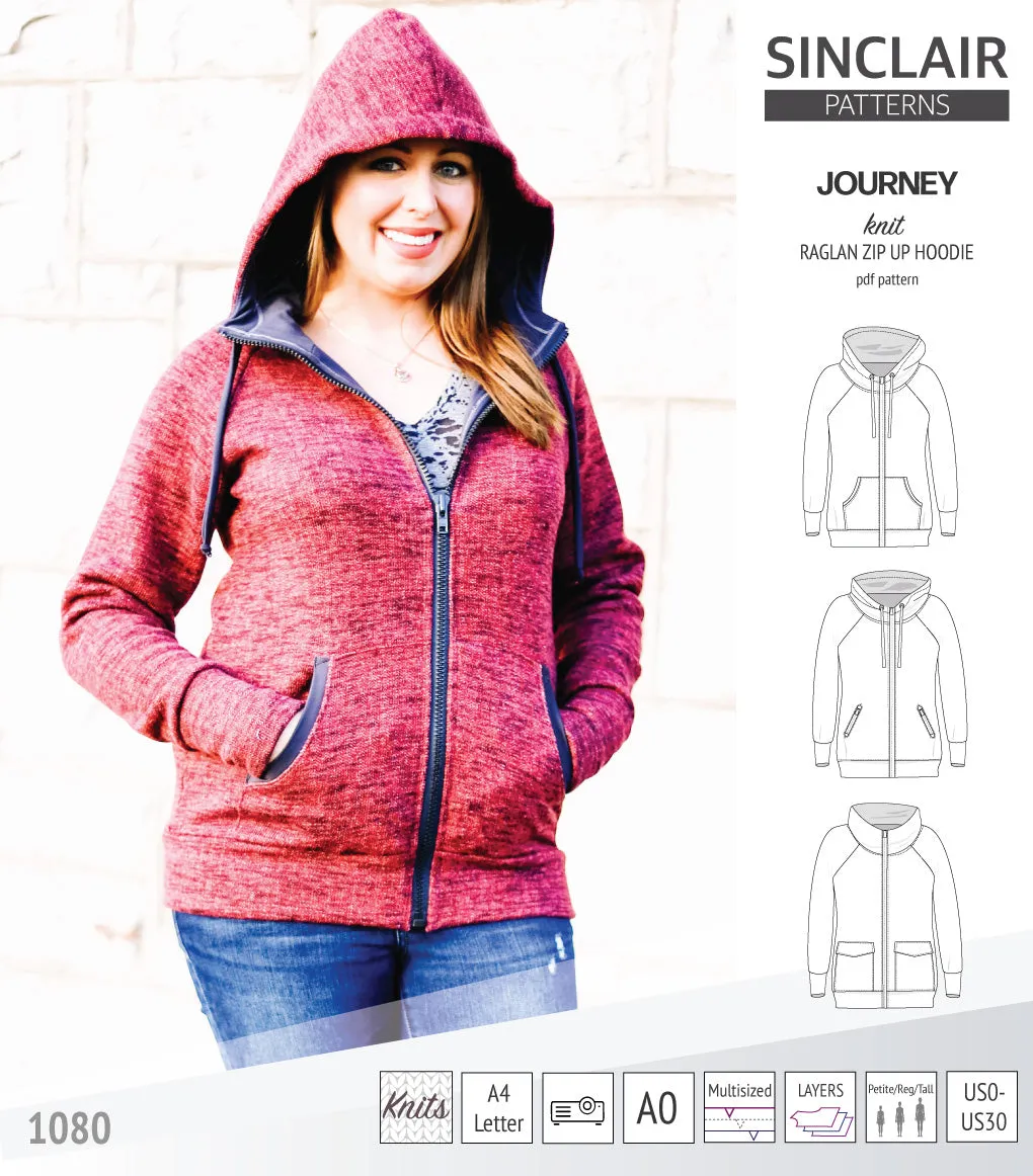 Journey zip up knit raglan hoodie with different pocket styles (PDF)