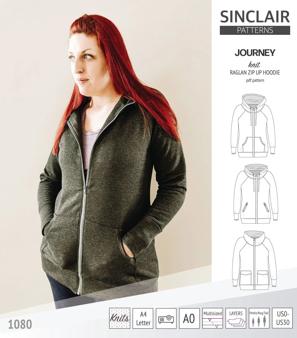 Journey zip up knit raglan hoodie with different pocket styles (PDF)