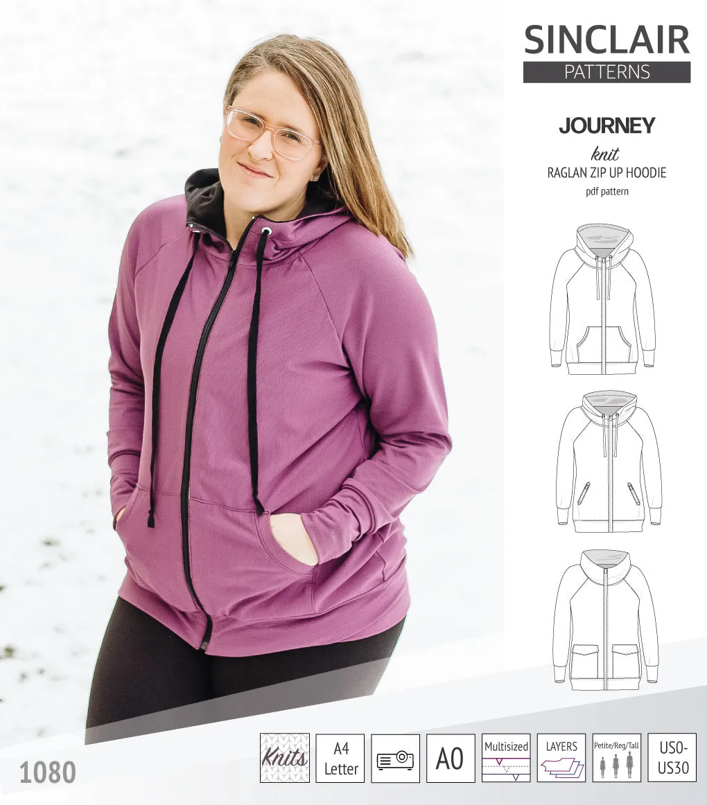 Journey zip up knit raglan hoodie with different pocket styles (PDF)