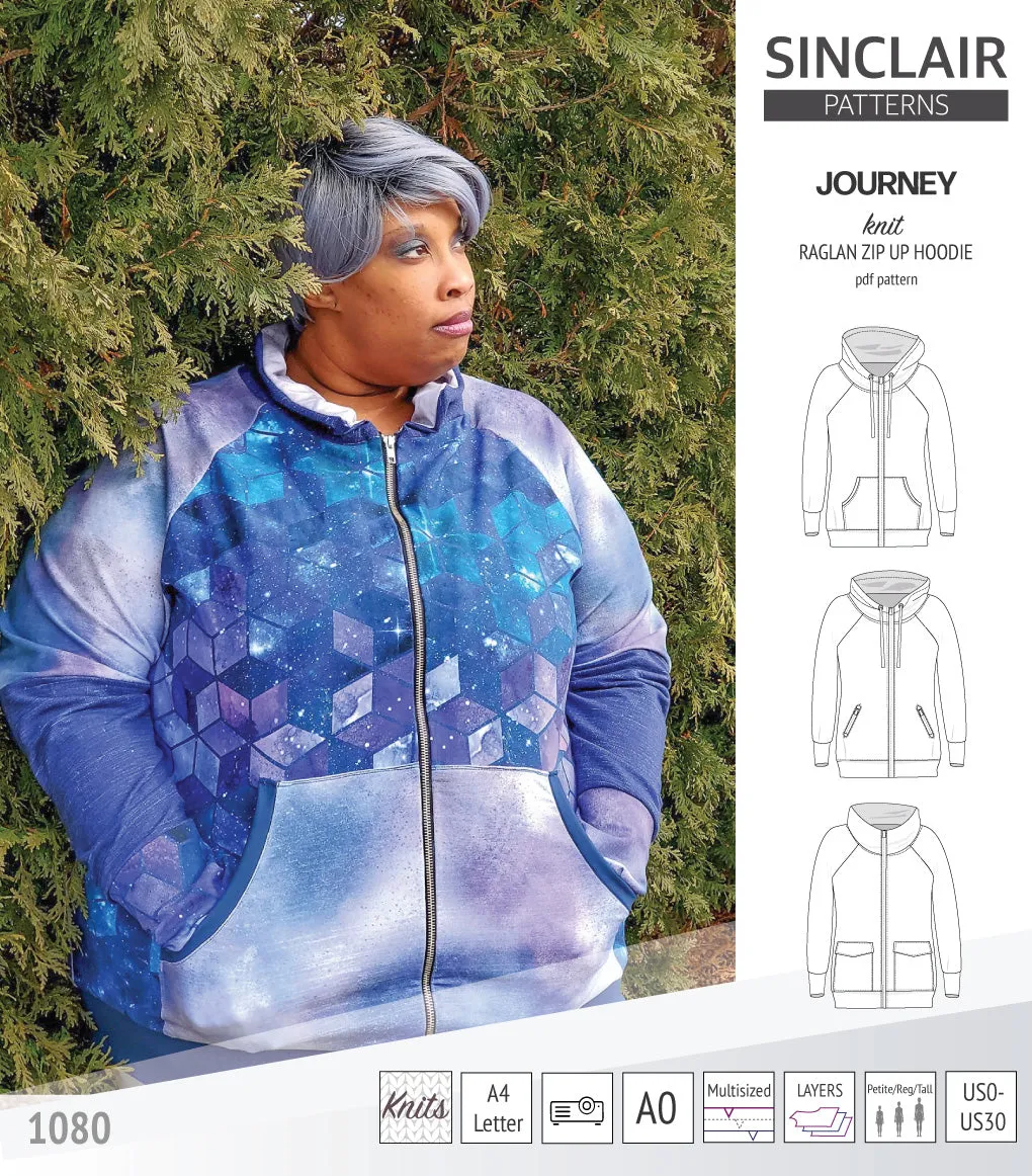 Journey zip up knit raglan hoodie with different pocket styles (PDF)
