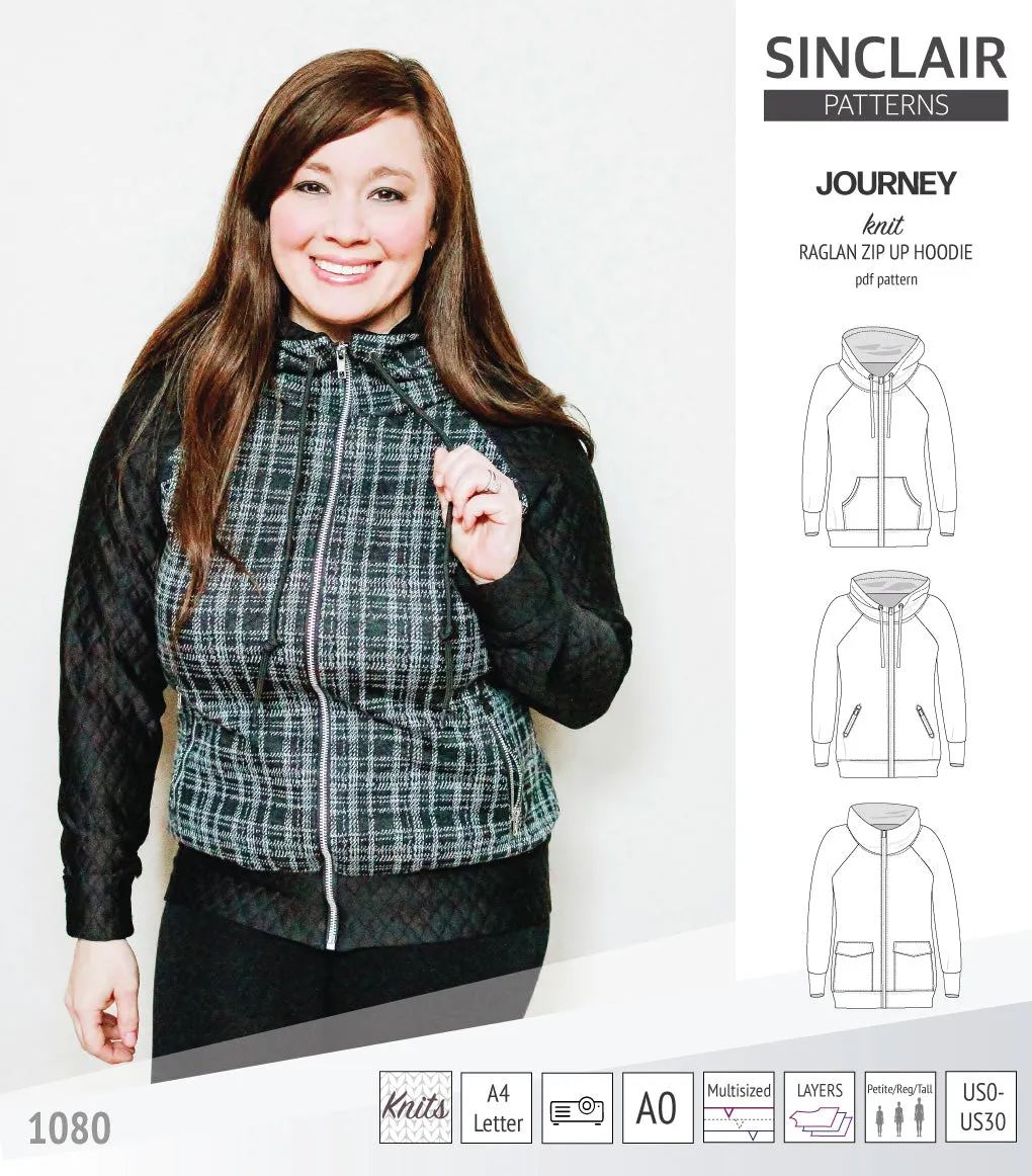 Journey zip up knit raglan hoodie with different pocket styles (PDF)