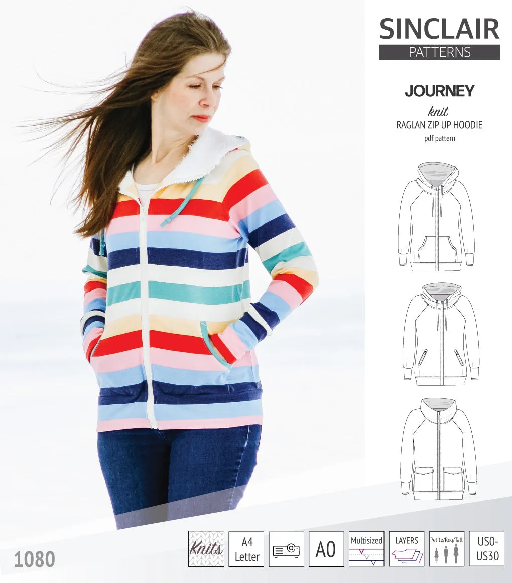 Journey zip up knit raglan hoodie with different pocket styles (PDF)