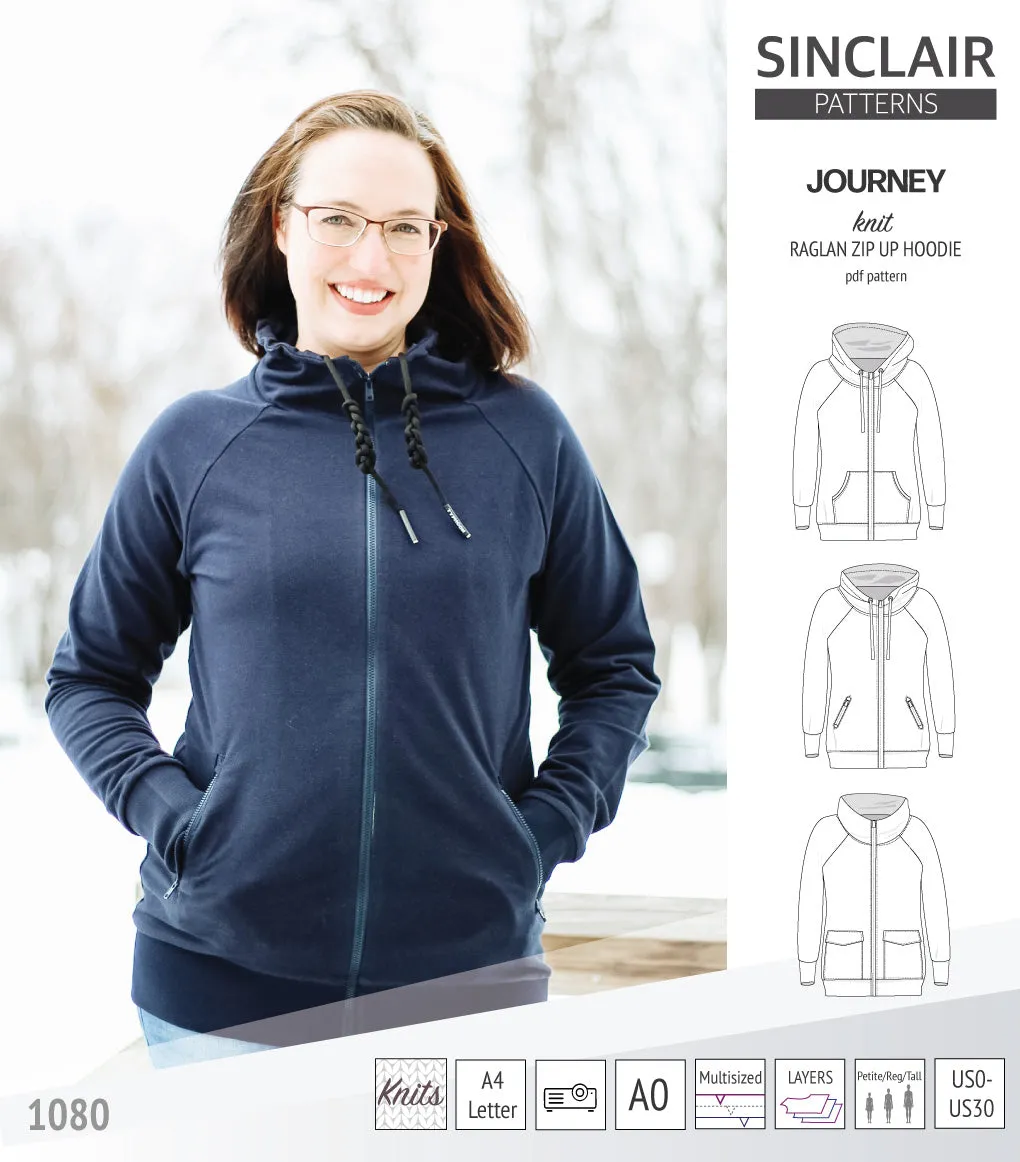 Journey zip up knit raglan hoodie with different pocket styles (PDF)