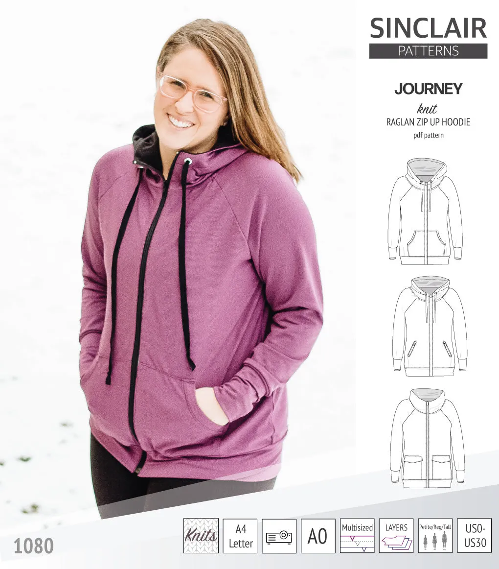 Journey zip up knit raglan hoodie with different pocket styles (PDF)