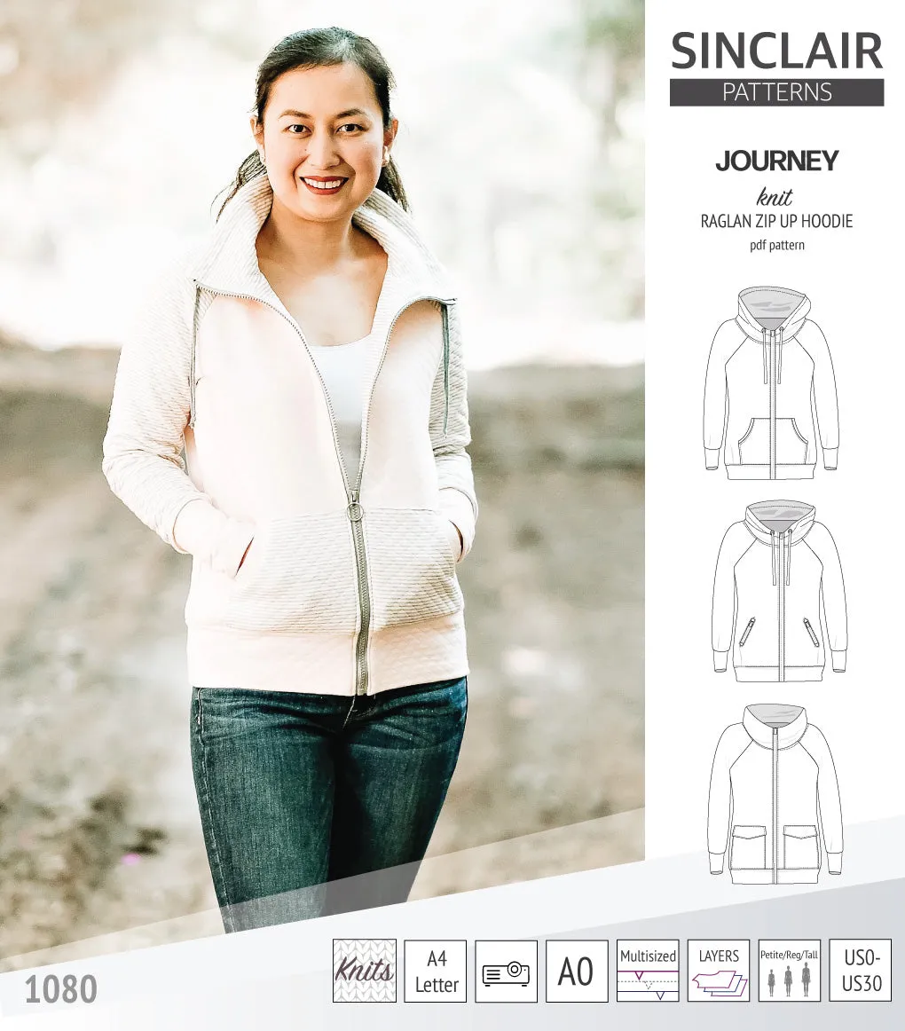 Journey zip up knit raglan hoodie with different pocket styles (PDF)