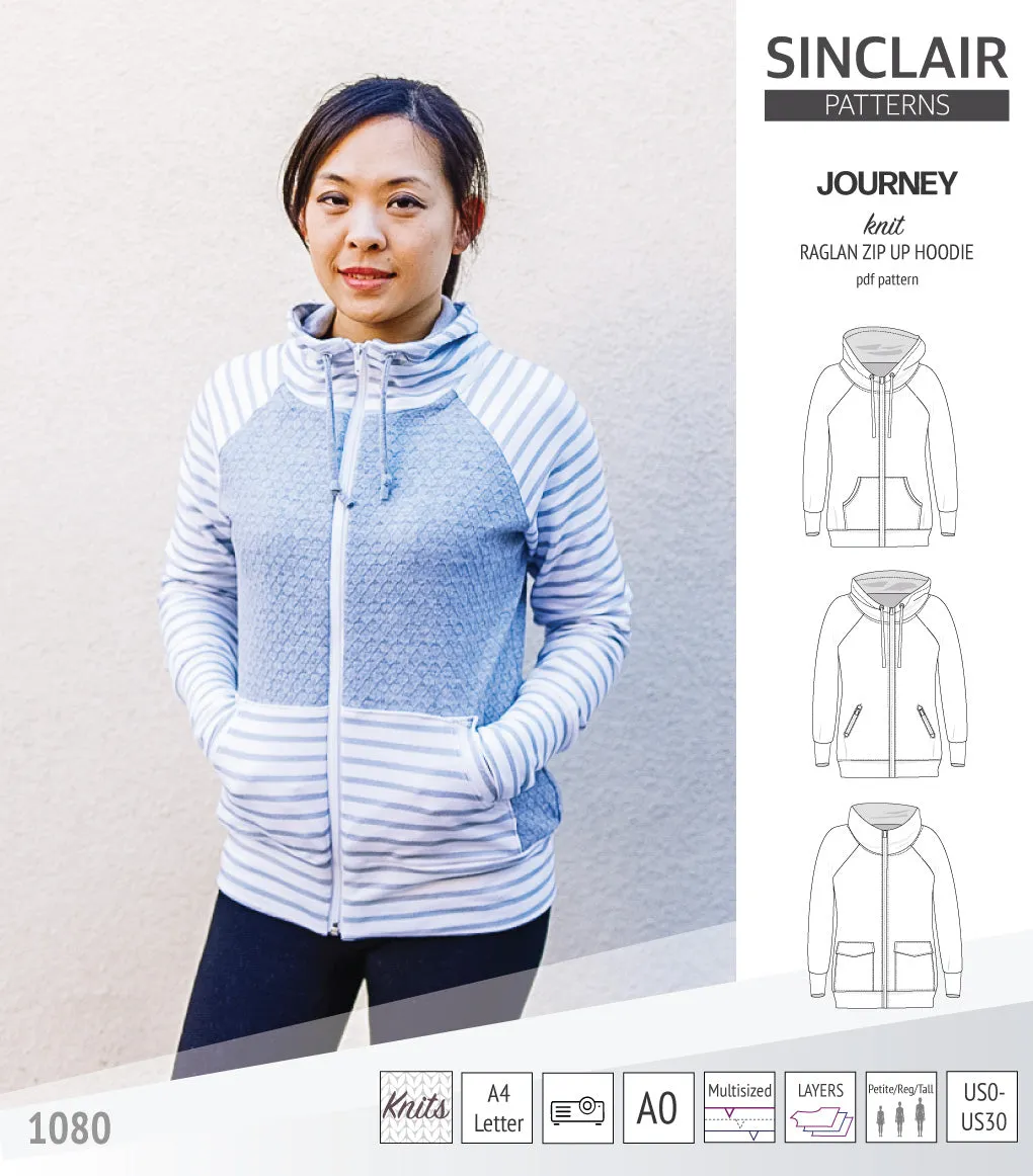 Journey zip up knit raglan hoodie with different pocket styles (PDF)